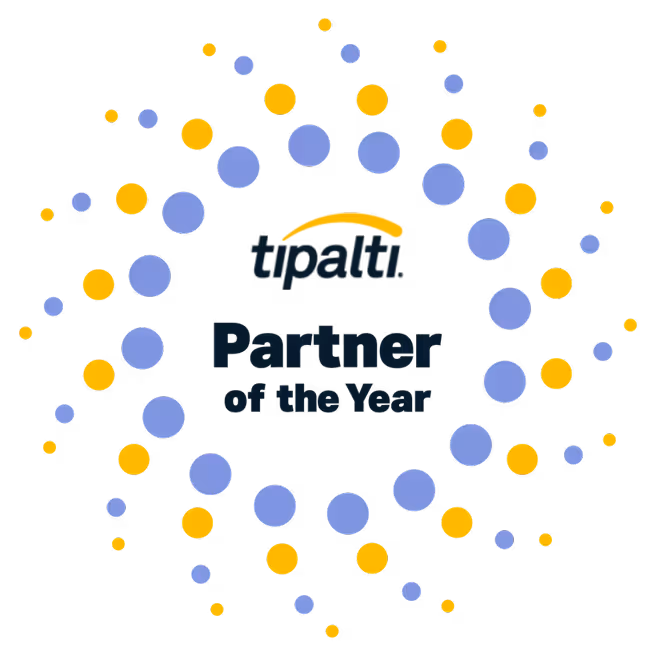 Tipalti Partner of the Year award: logo with blue and yellow dots.