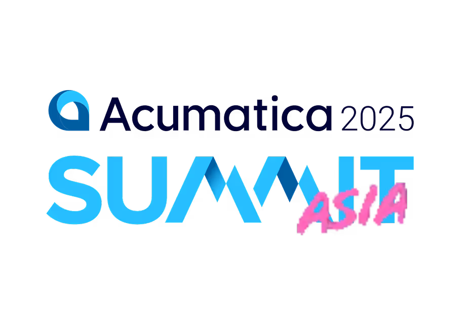 Acumatica 2025 Summit Asia logo: blue and pink text on black background.