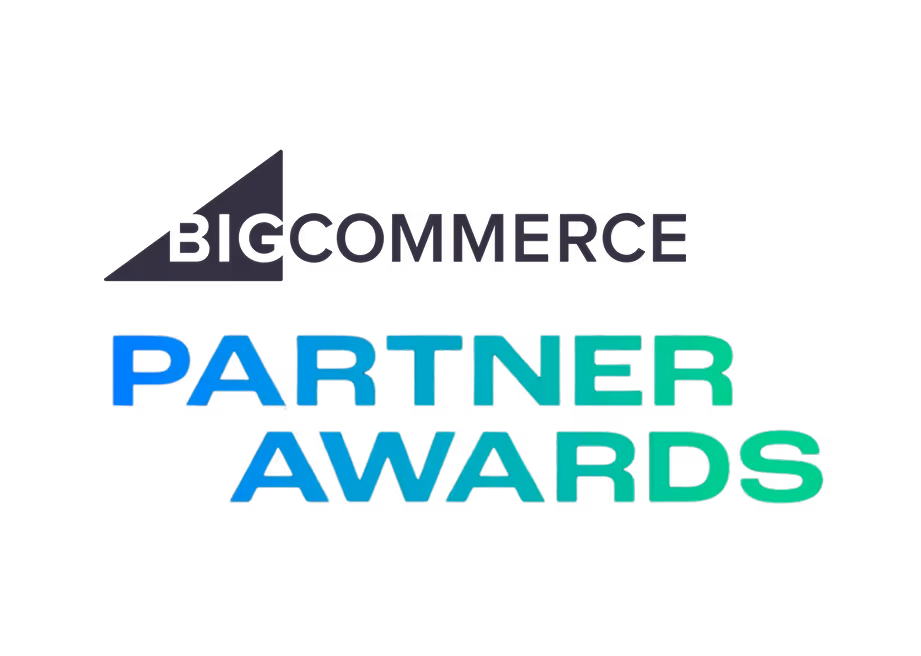 BigCommerce Partner Awards logo: teal and blue text on black background.