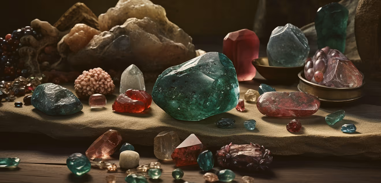 A variety of colorful polished gemstones and minerals displayed on a wooden surface with a beige cloth, featuring green, red, blue, and pink stones of different shapes and sizes.