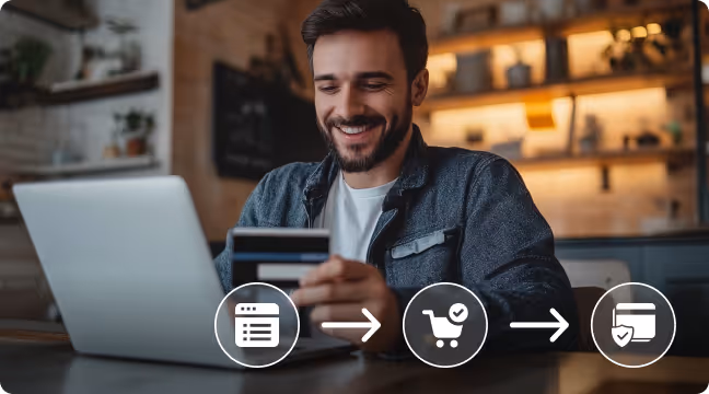 Smiling man using credit card with laptop, overlaid with icons showing online shopping process from form to cart to payment.