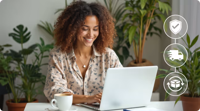 Smiling woman using a laptop at a desk with a coffee cup, surrounded by green potted plants and icons representing security, delivery, and package services.