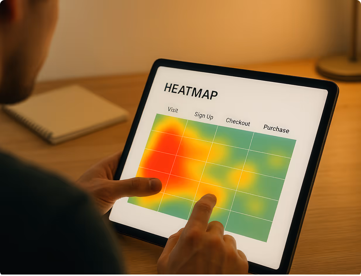 Person interacting with a tablet displaying a heatmap chart tracking stages: Visit, Sign Up, Checkout, and Purchase with red, yellow, and green color zones.