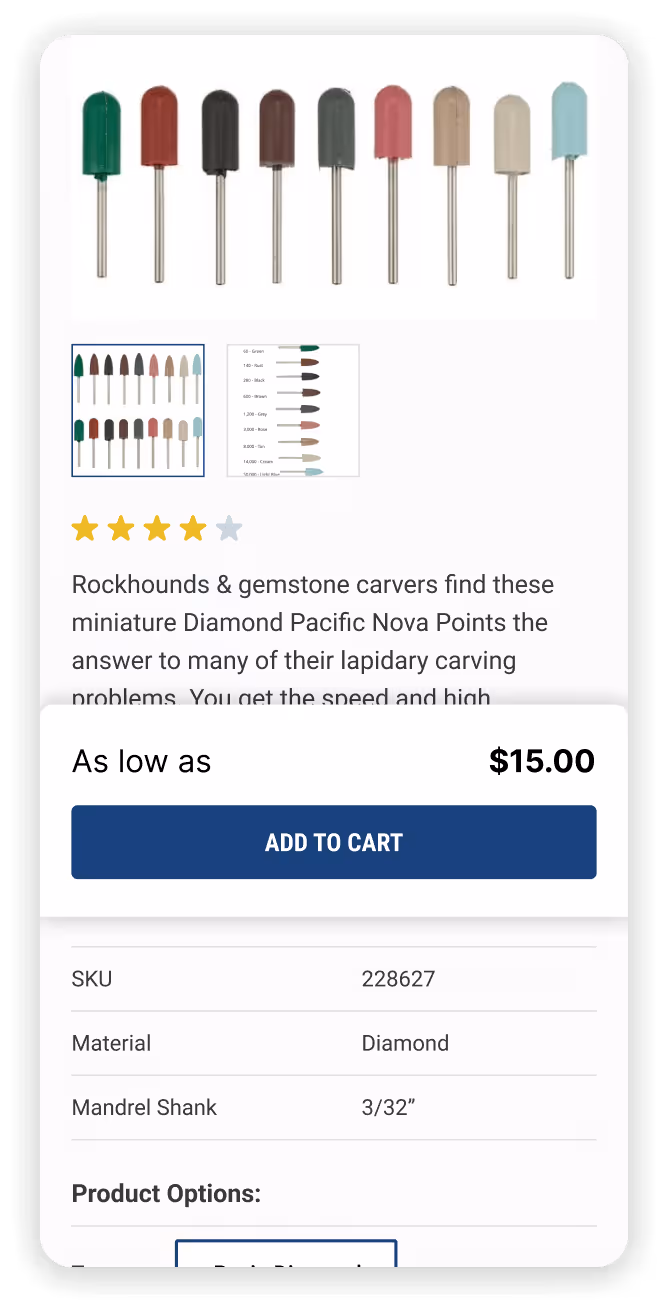 Nine miniature Diamond Pacific Nova Points in various colors with 3/32 inch mandrel shanks, displayed for lapidary carving, alongside product details and price of $15.00.