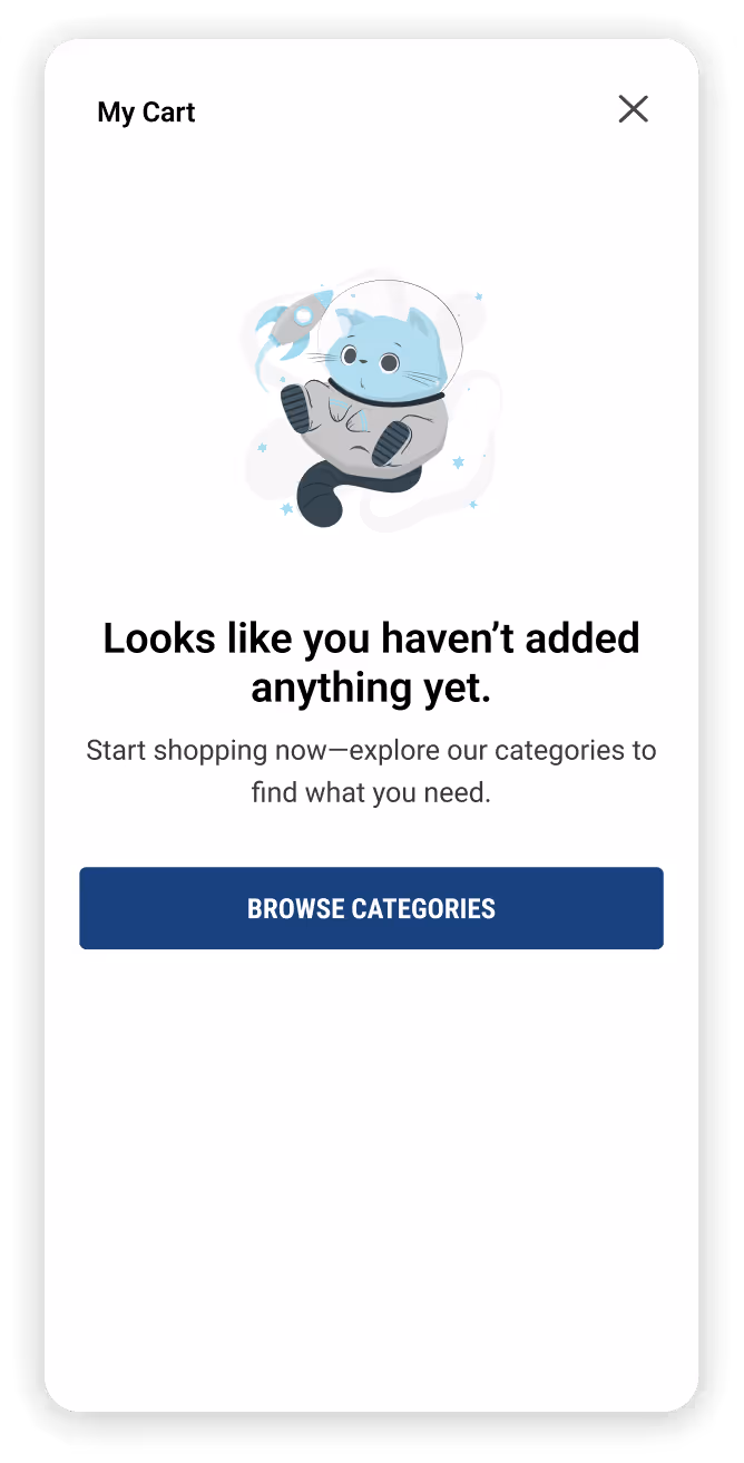 Mobile screen showing an empty shopping cart message with a blue cartoon cat astronaut and a button labeled Browse Categories.