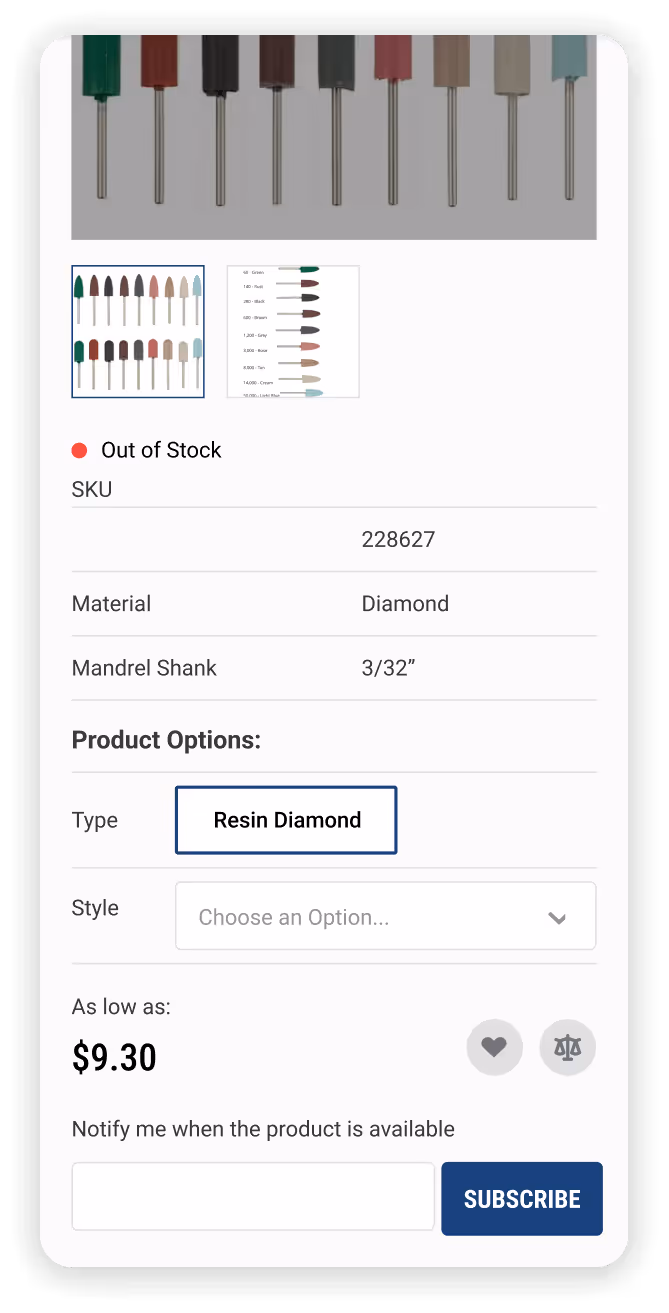 Product detail page showing diamond mandrel shank tools in various colors, SKU 228627, out of stock, priced at $9.30 with option to subscribe for availability notification.