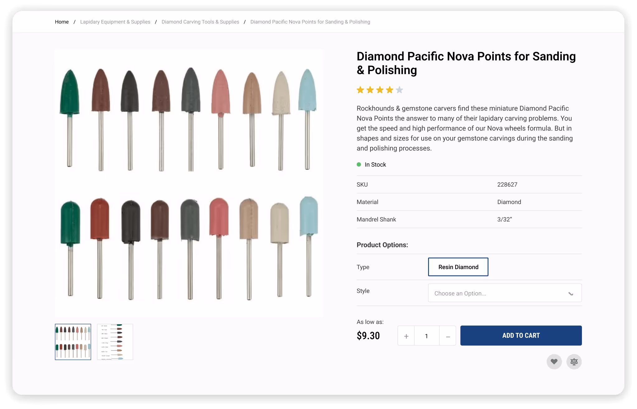 Set of 16 Diamond Pacific Nova Points for sanding and polishing in various colors displayed in two rows, alongside product details and purchase options.