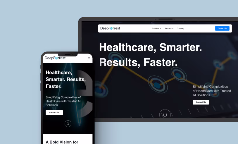DeepForrest website homepage displayed on a smartphone and a laptop showing the tagline 'Healthcare, Smarter. Results, Faster.' with options to contact and a background with data visualization.