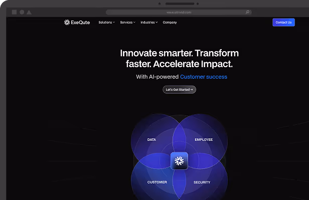 ExeQute website homepage with black background showing the tagline 'Innovate smarter. Transform faster. Accelerate Impact.' and a circular diagram highlighting Data, Employee, Customer, and Security around a central logo.