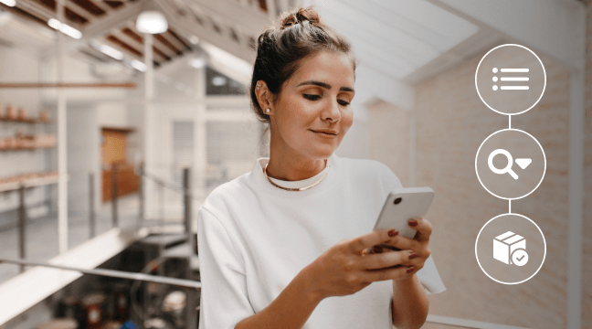 Smiling businesswoman using tablet with floating icons representing workflow and financial concepts.