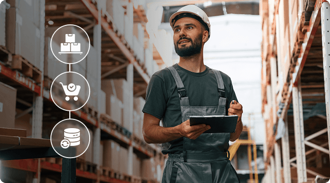 Man in a warehouse looking at a tablet with three circular icons showing refresh, store, and inventory on the right side.