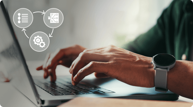 Man in a warehouse looking at a tablet with three circular icons showing refresh, store, and inventory on the right side.