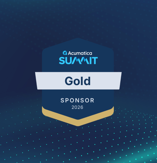 Badge indicating Gold Sponsor for Acumatica Summit 2026 with a dark blue background and dotted pattern.