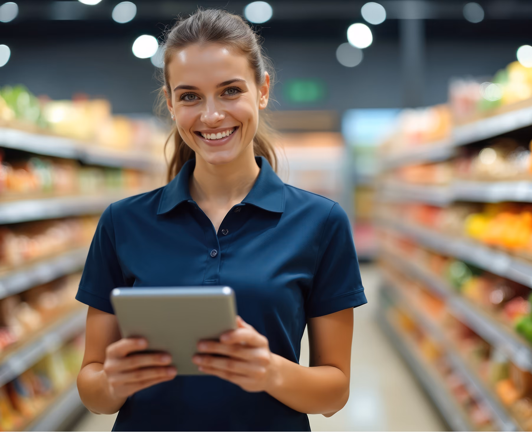 Retail associate with a tablet in a store aisle