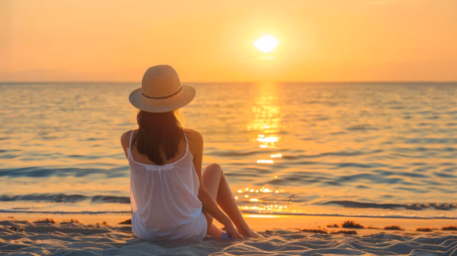 Woman on beach looking at sunset