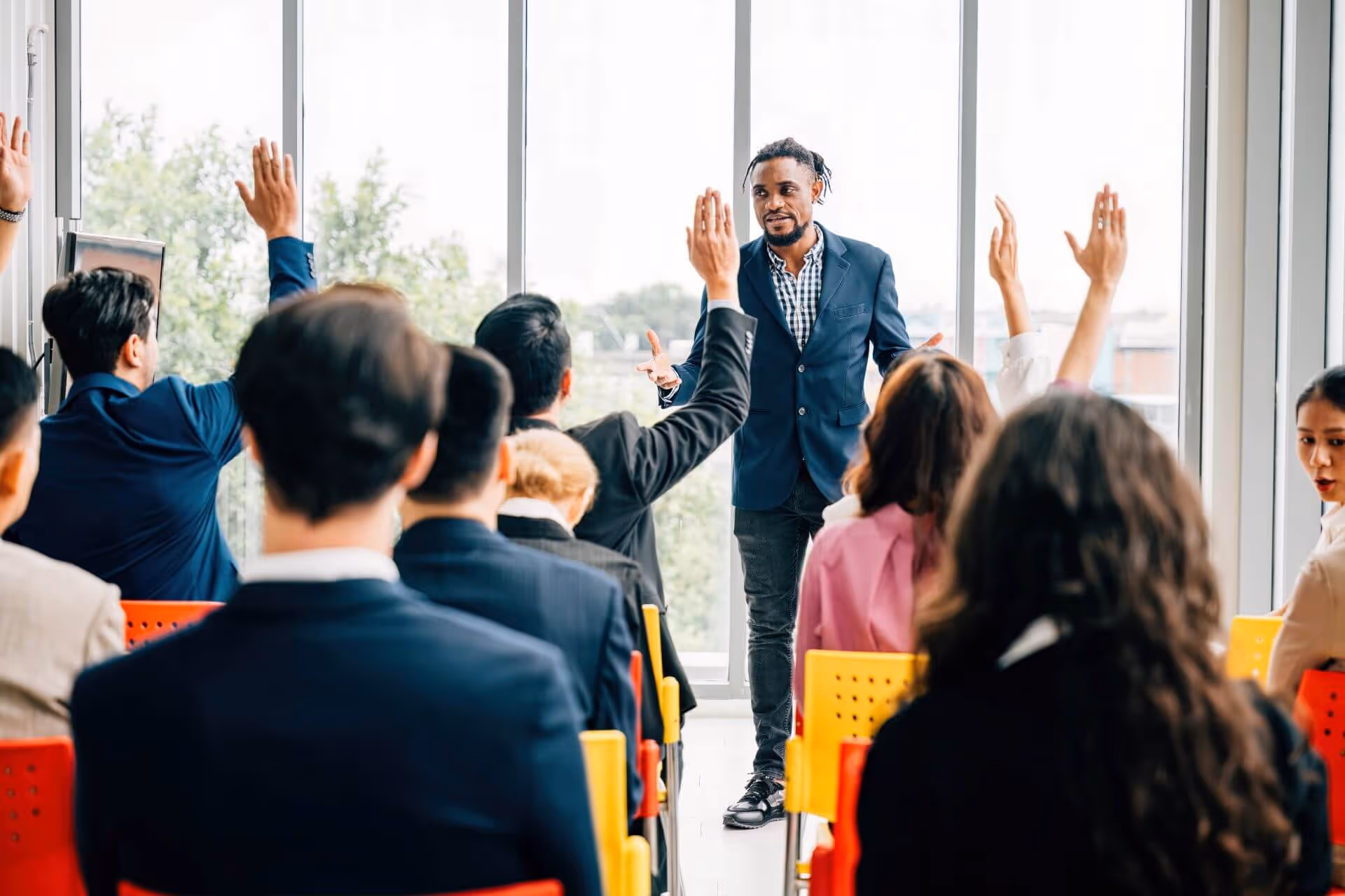 In a boardroom strategy session business people participate in an event