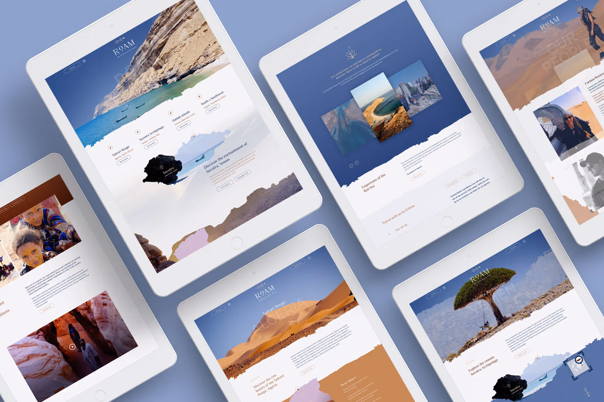 Tablet screens showing the Roam website