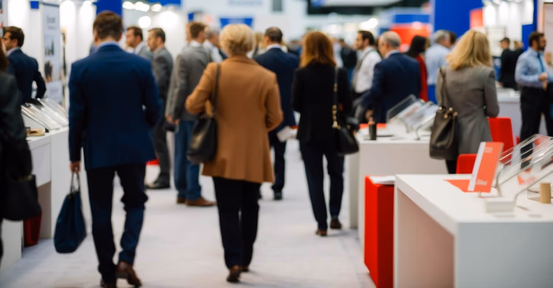 Blurred rear view people browsing booths exhibition