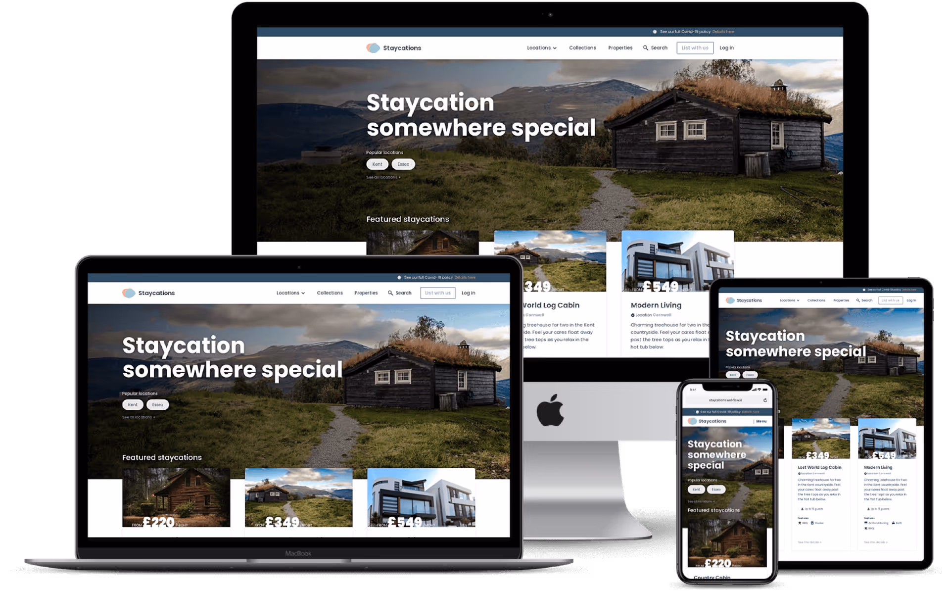 Mockup of different devices with the Staycation website