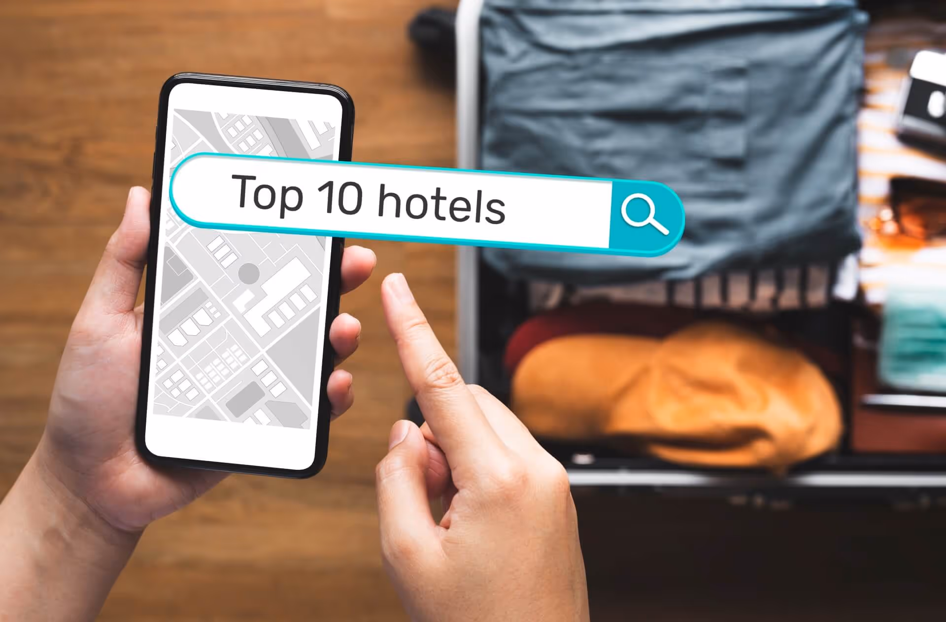 Person searching for top 10 hotels on smartphone