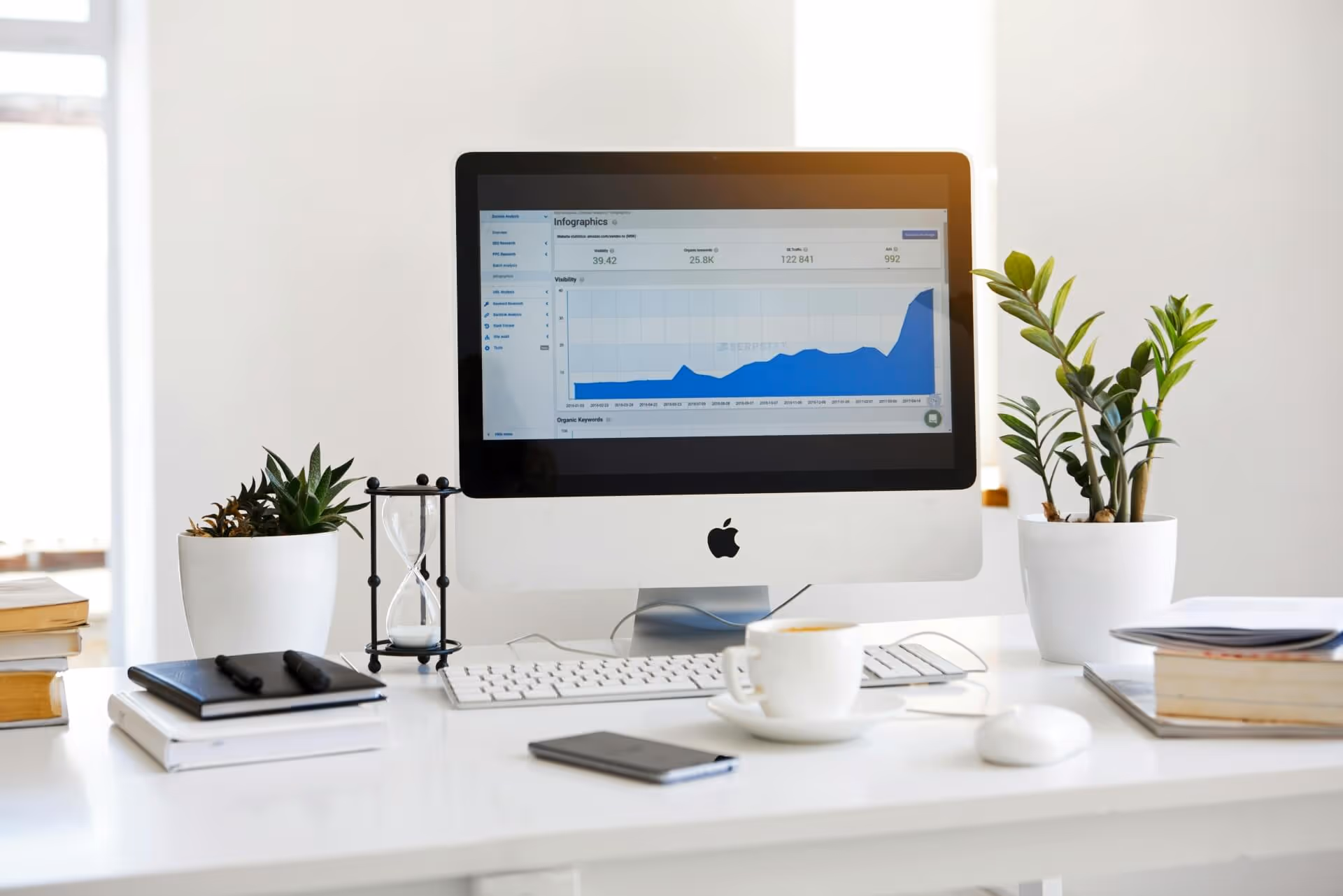 Desktop with SEO infographics