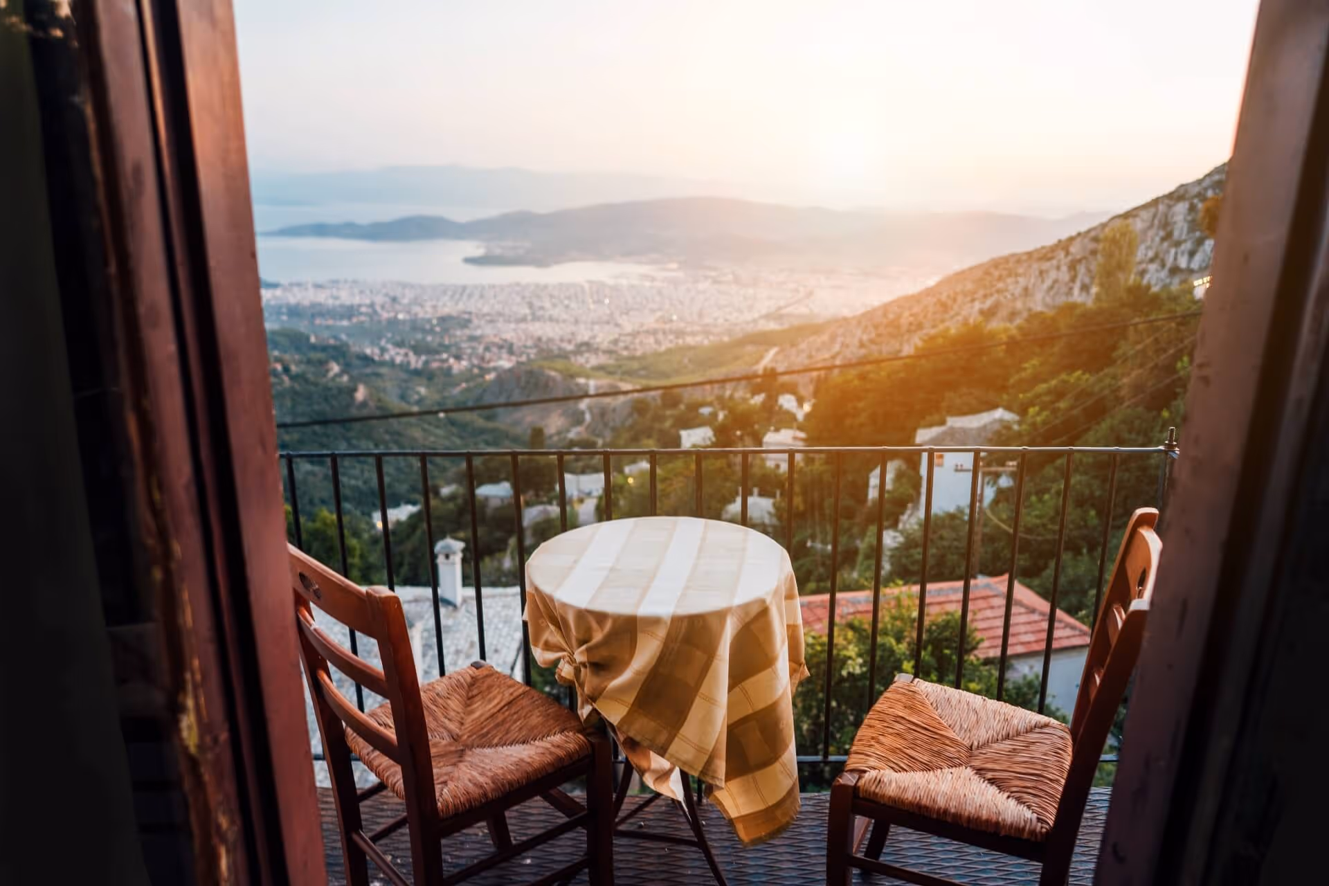 Wooden table on the background of cityscape
