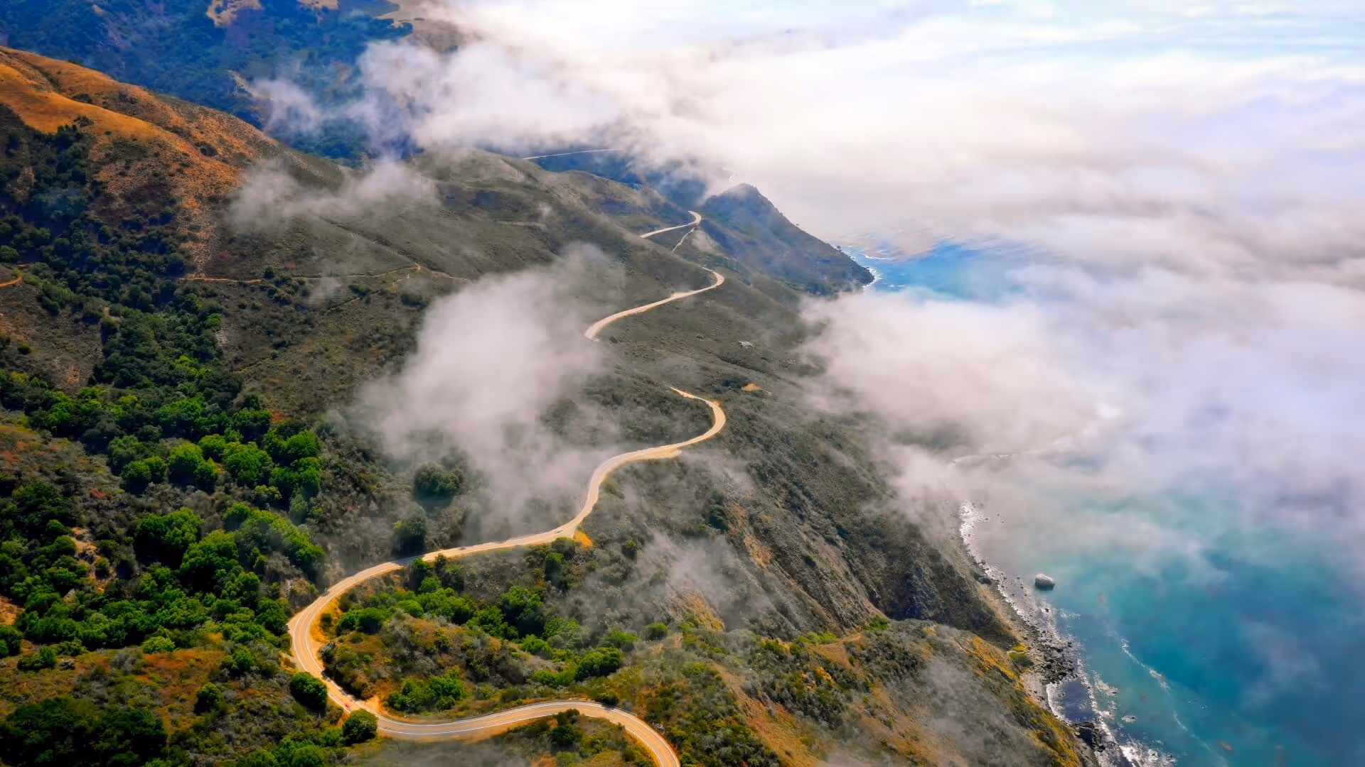 beautiful green hills and a curvy road along the sea