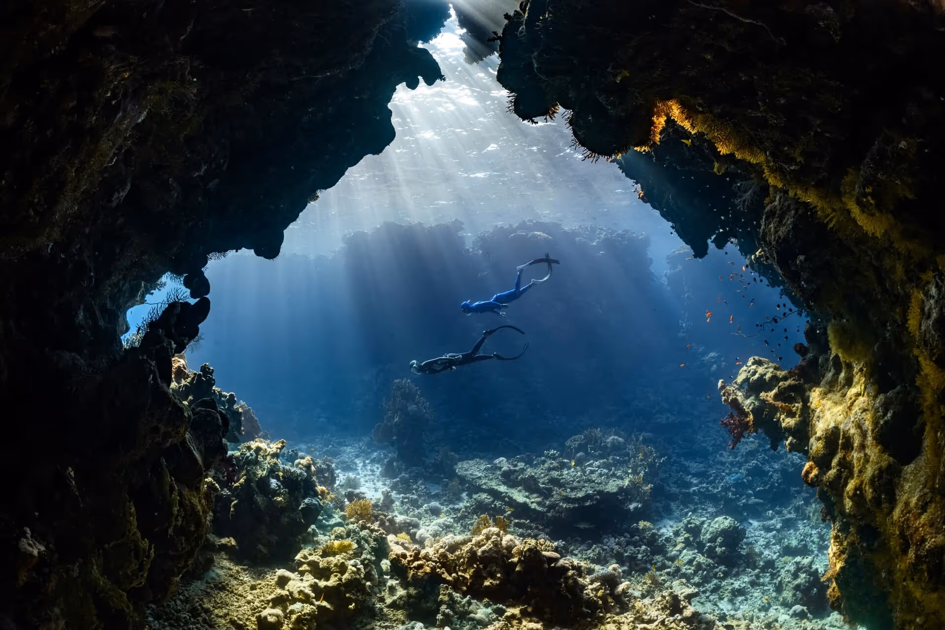 a scuba divers swimming through underwater sea cave