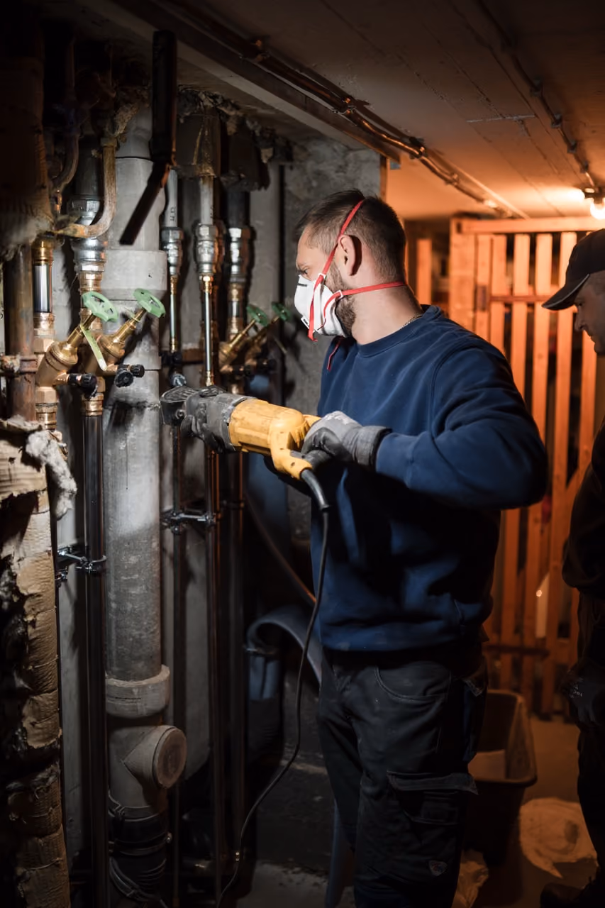 Handwerker mit Atemschutzmaske repariert Rohrleitungen im Keller mit elektrischem Rohrschneider.