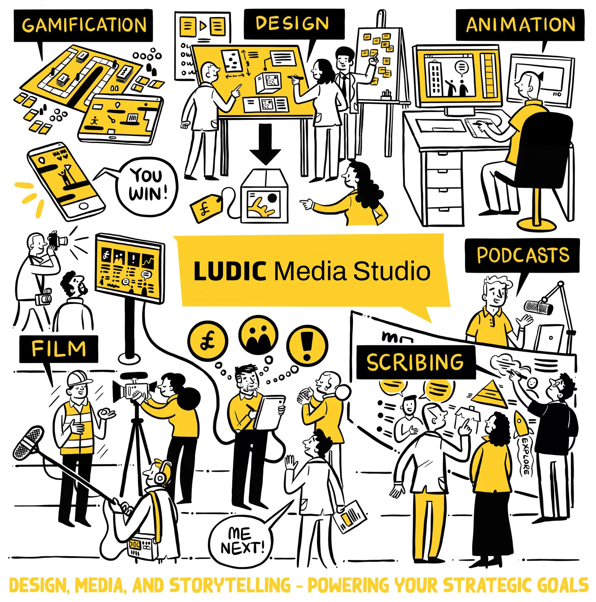 Scribing example of illustrated characters with written text explaining senior executive forum.