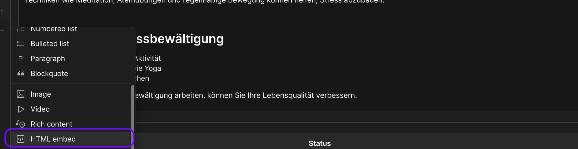 HTML Embed hinzufügen