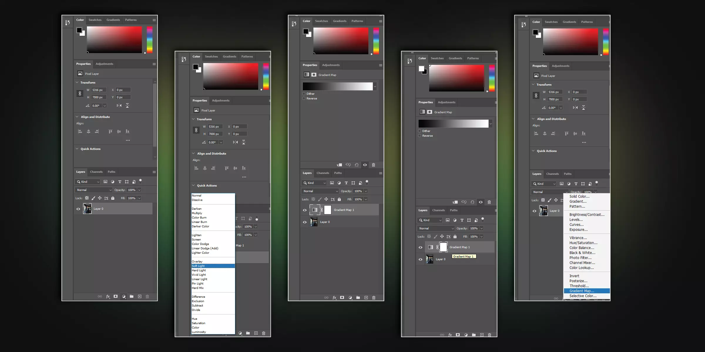 Go to Layer > New Adjustment Layer > Gradient Map > Soft Light