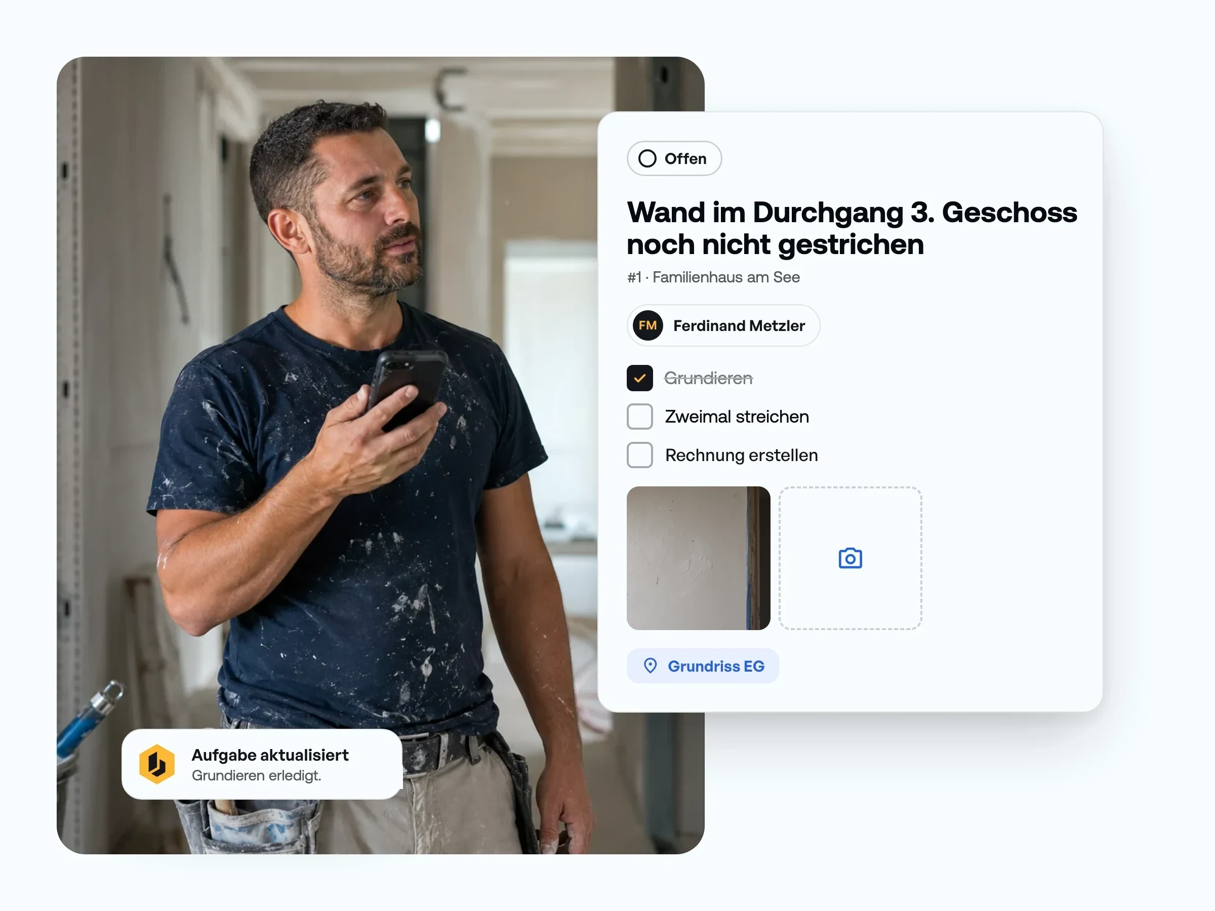 Aufgabe mit Checkliste, Wandfoto und Planort in der Benetics AI App