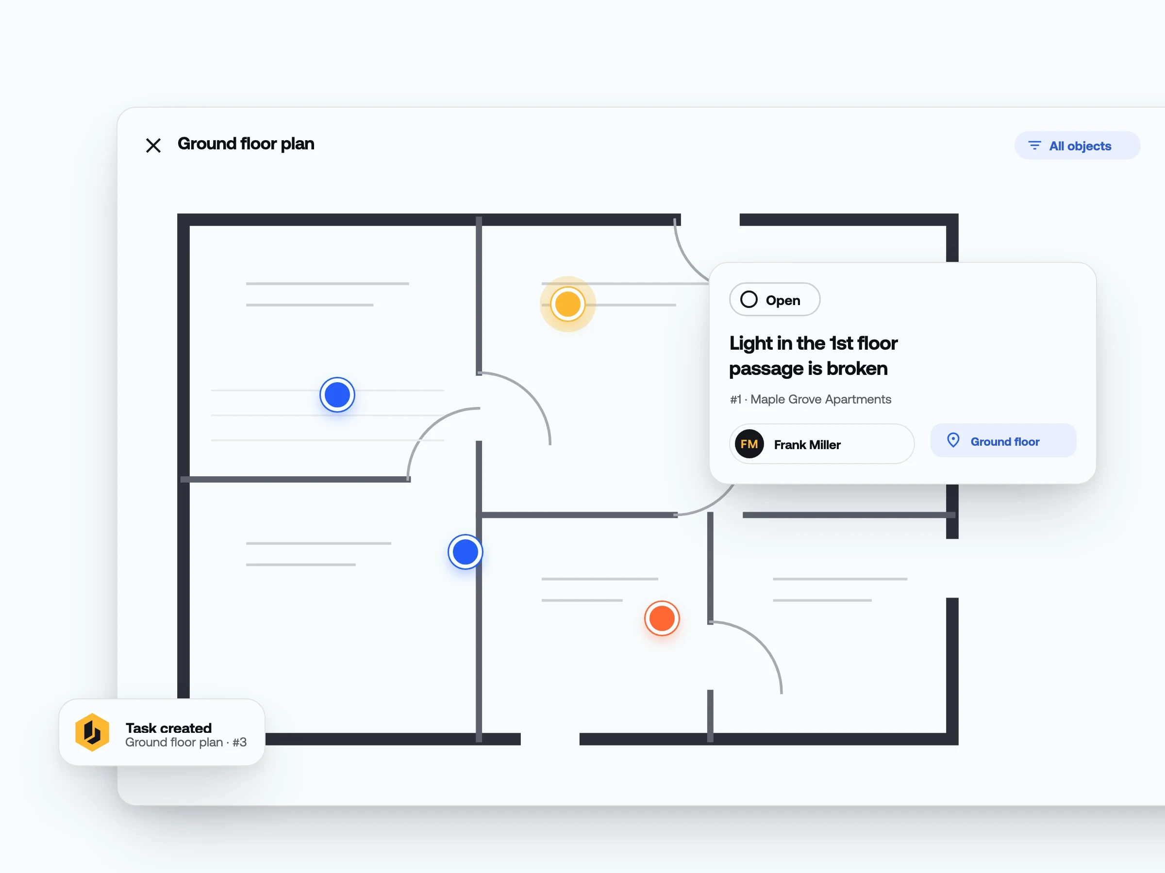 Ground floor plan with task pins and an open task