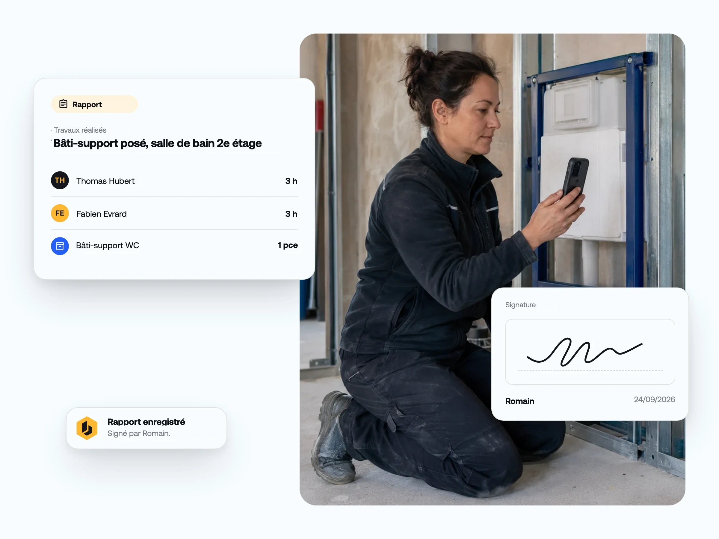Rapport avec heures, matériel et signature dans l’application Benetics AI
