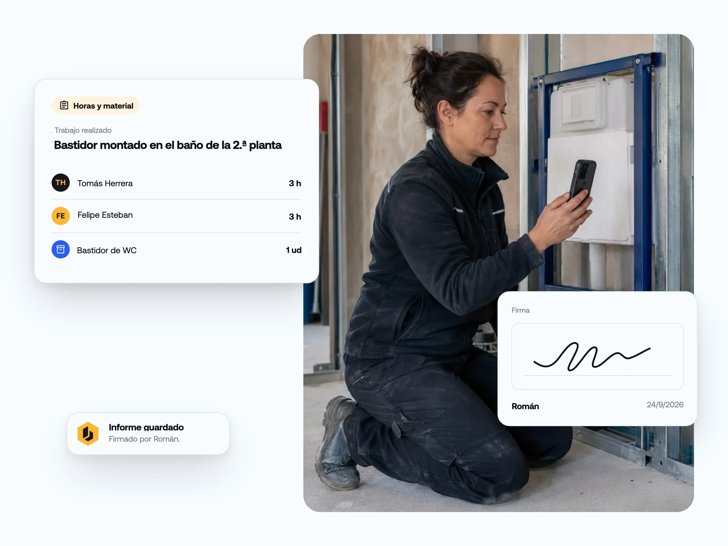 Parte de obra con horas, material y firma en la app de Benetics AI