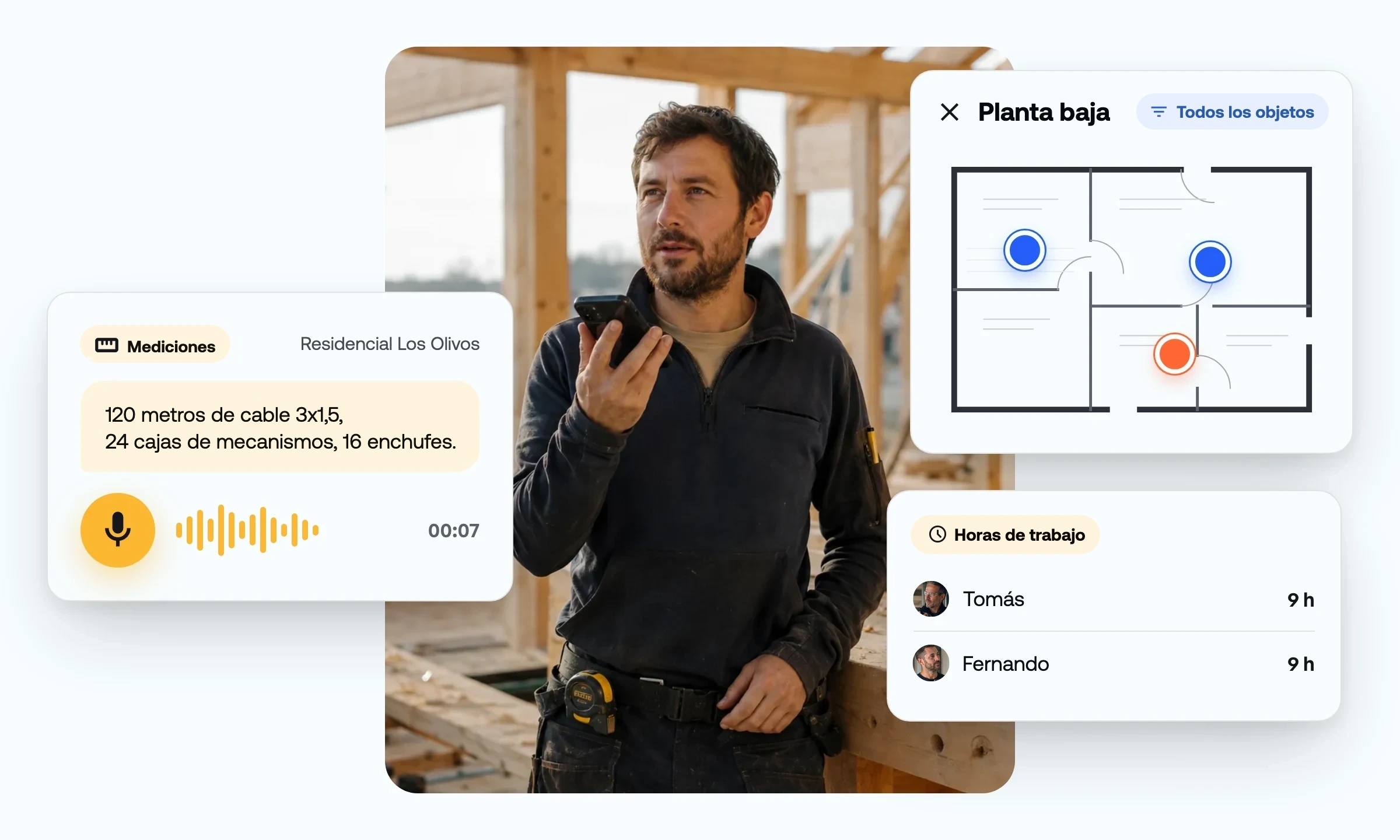 Mediciones por voz, plano con tareas marcadas y horas de trabajo en la app Benetics AI