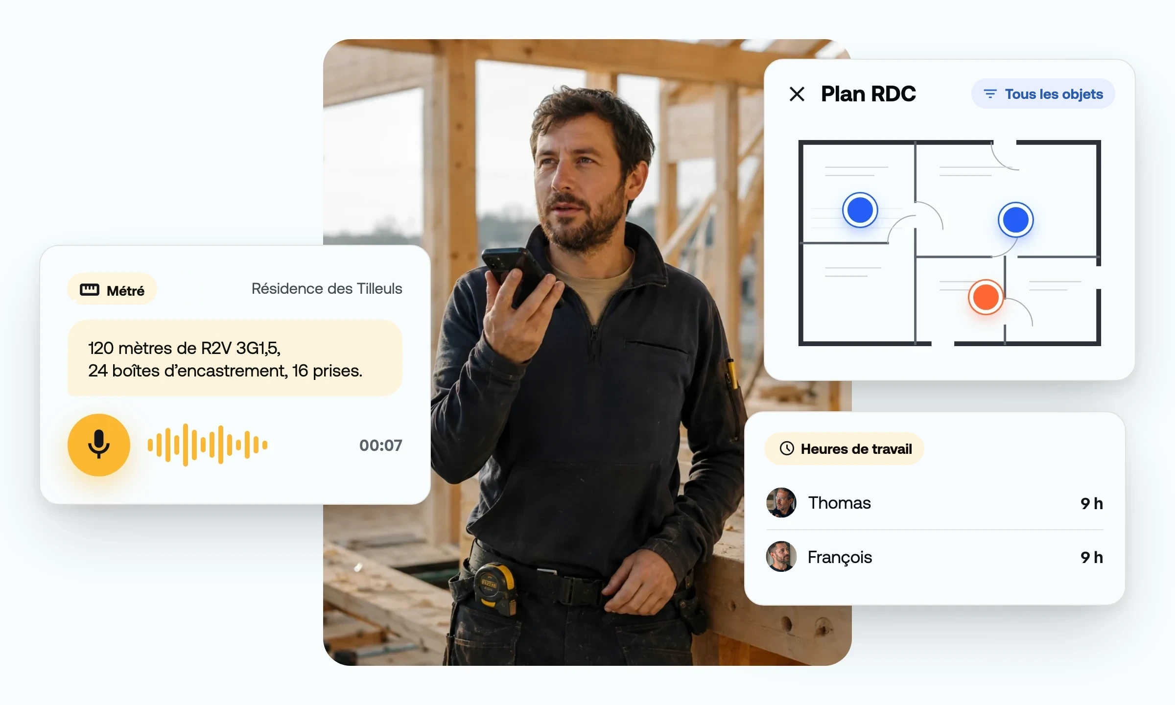 Métré à la voix, plan avec tâches épinglées et heures de travail dans l’app Benetics AI