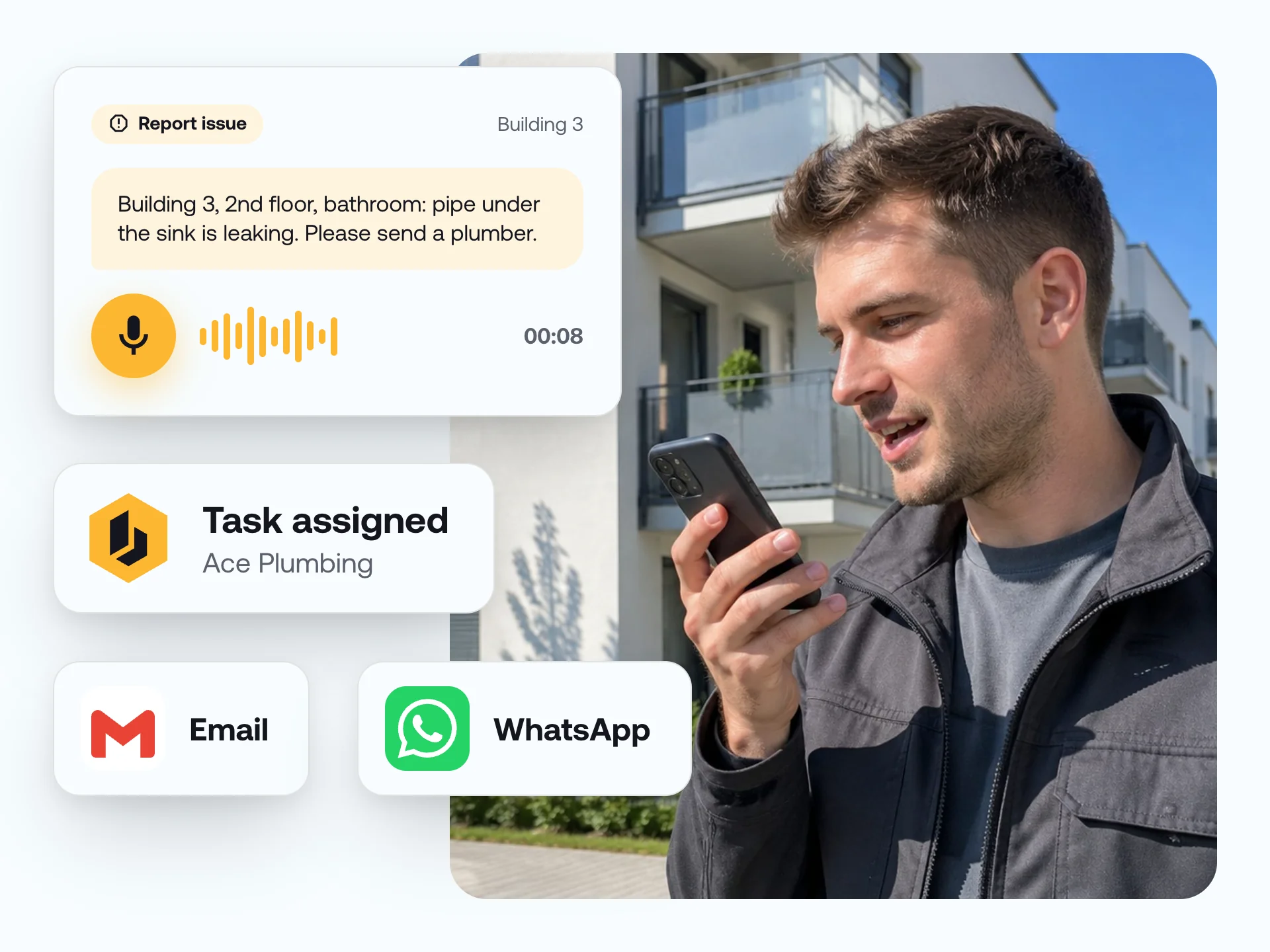A man in front of an apartment building reports a plumbing issue into his smartphone. Next to him, the assigned task and options to send it by email or WhatsApp.