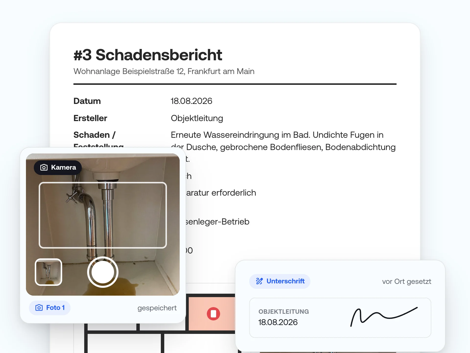 Schadensbericht mit Feststellung, Plan-Verortung und Foto, darüber Kamera und die vor Ort gesetzte Unterschrift.