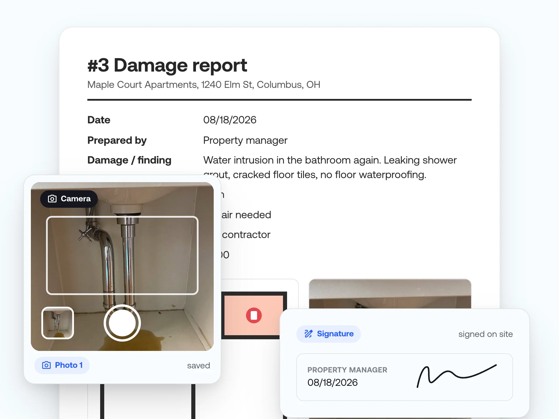 Damage report with finding, floor plan location, and photo, plus the camera and a signature collected on site.