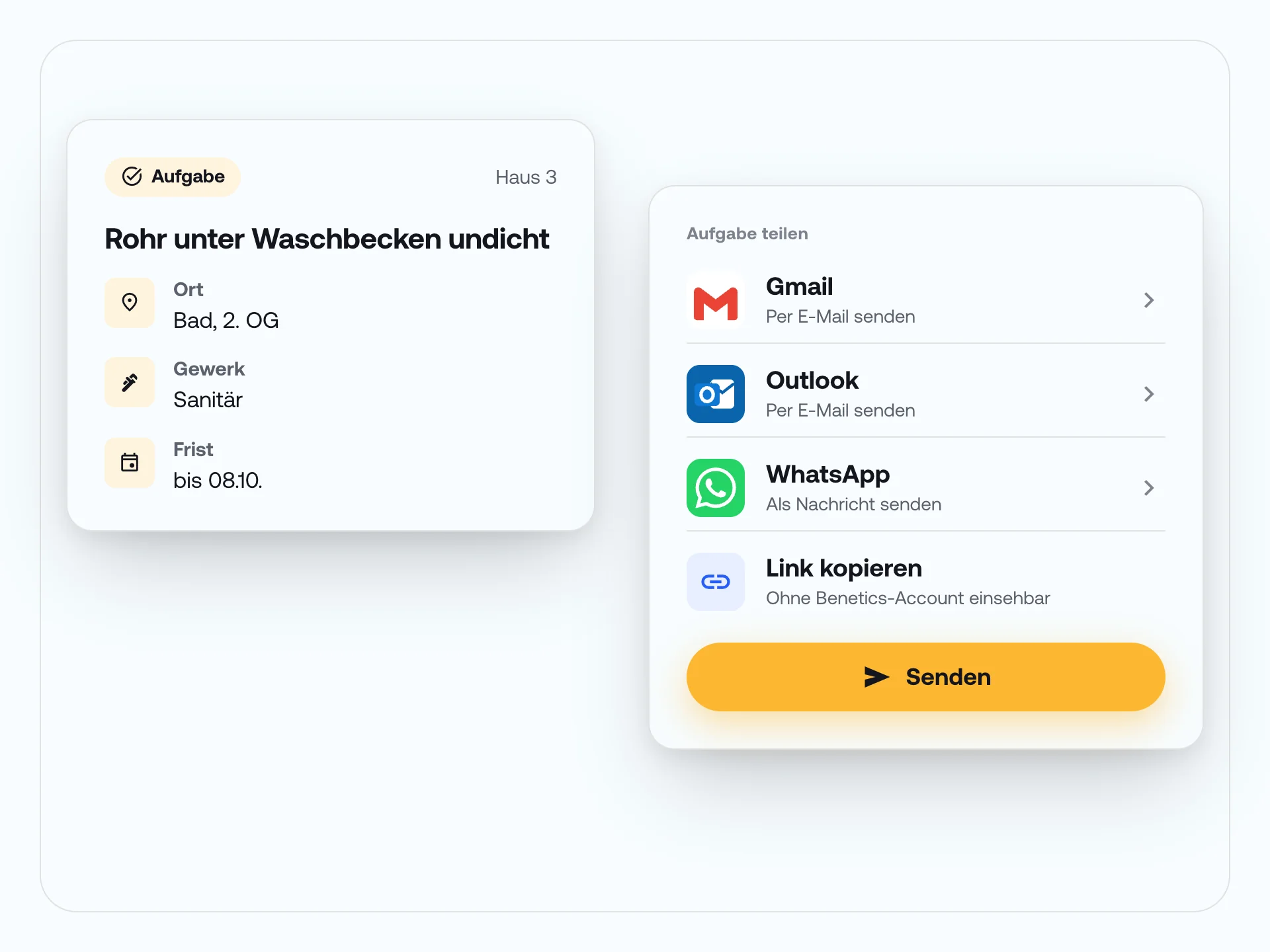 Aufgabe mit Ort, Gewerk und Frist sowie Optionen zum Teilen per Gmail, Outlook, WhatsApp oder Link.