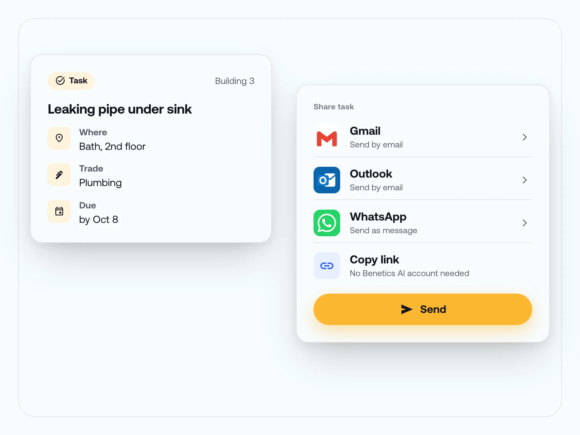 Task with location, trade, and due date, plus options to share it via Gmail, Outlook, WhatsApp, or link.