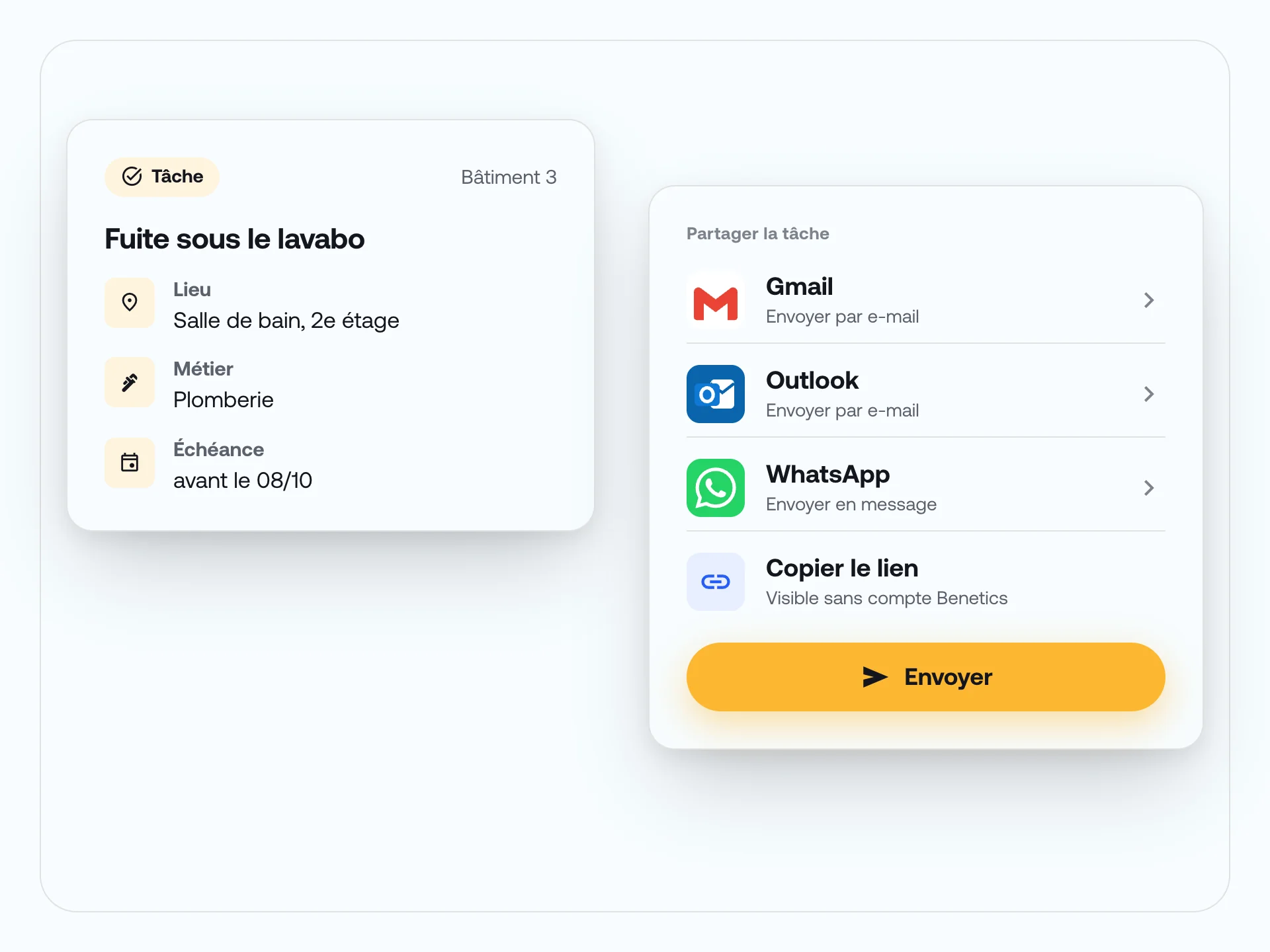 Tâche avec lieu, corps de métier et échéance, et options de partage par Gmail, Outlook, WhatsApp ou lien.