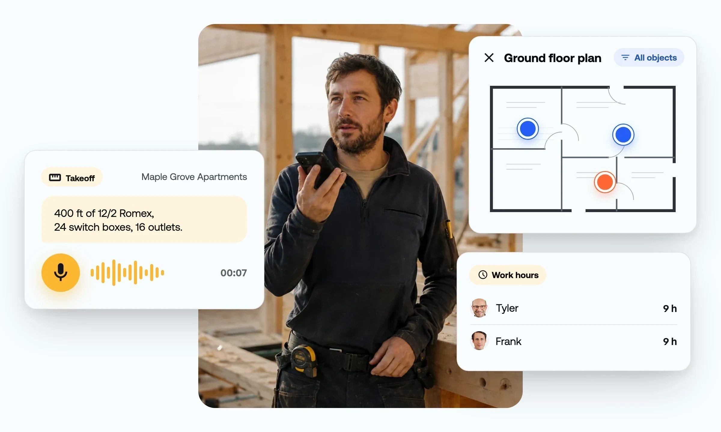 Voice takeoff, a plan with task pins and work hours in the Benetics AI app