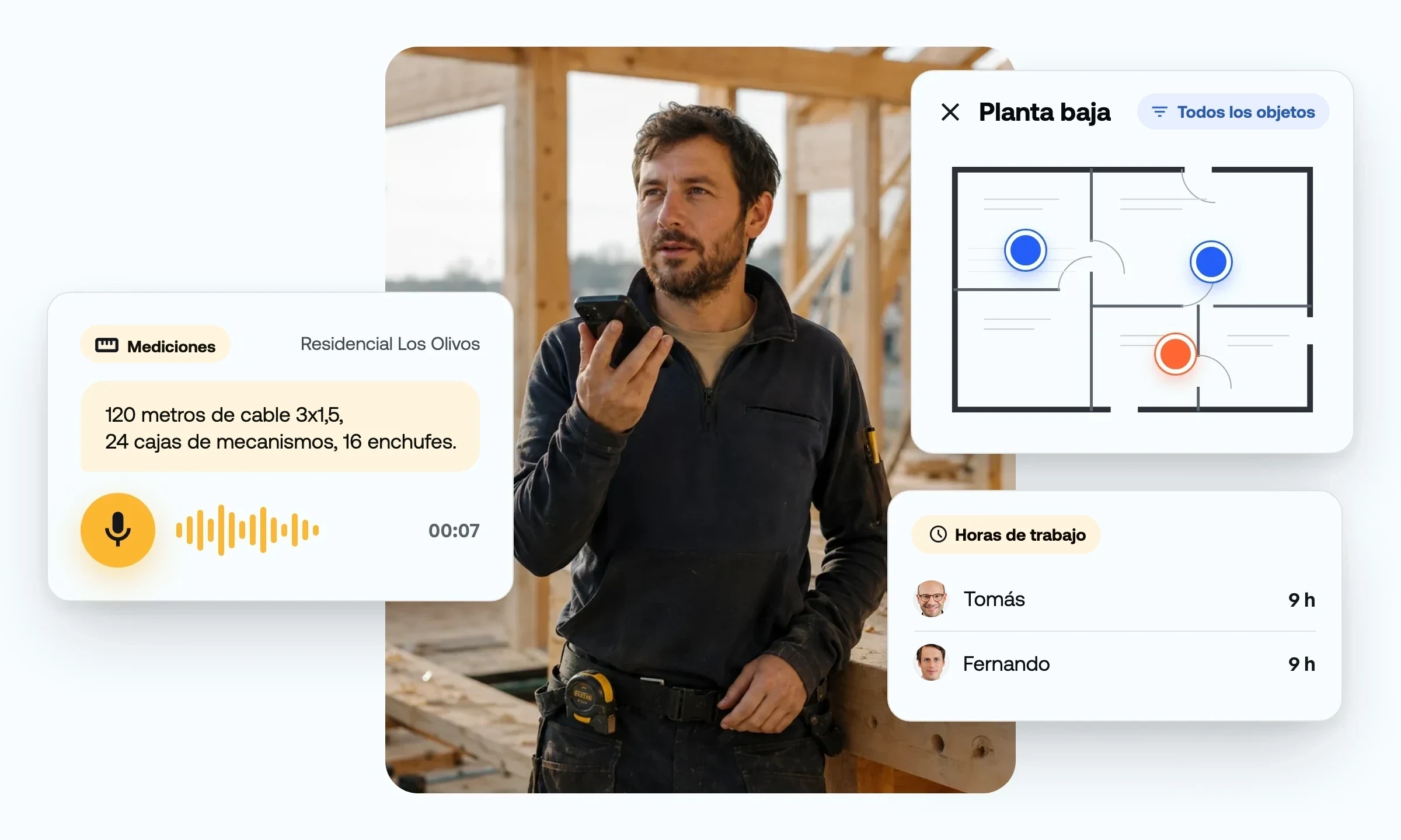 Mediciones por voz, plano con tareas marcadas y horas de trabajo en la app Benetics AI