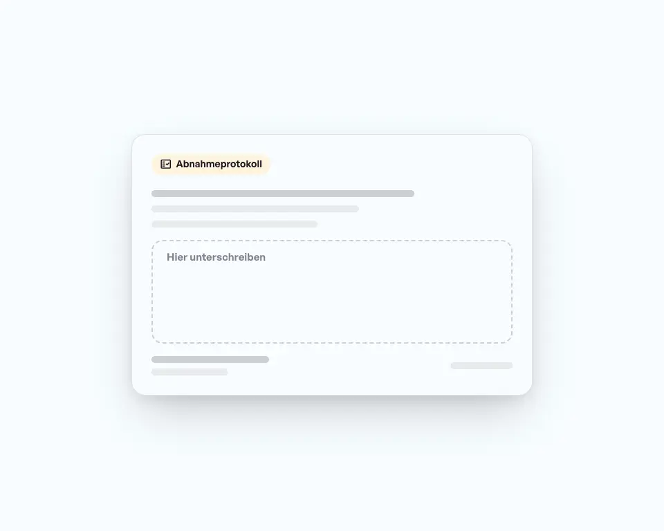 Abnahmeprotokoll mit Bereich und Fotos, vor Ort vom Bauherrn unterschrieben, danach per Link geteilt.