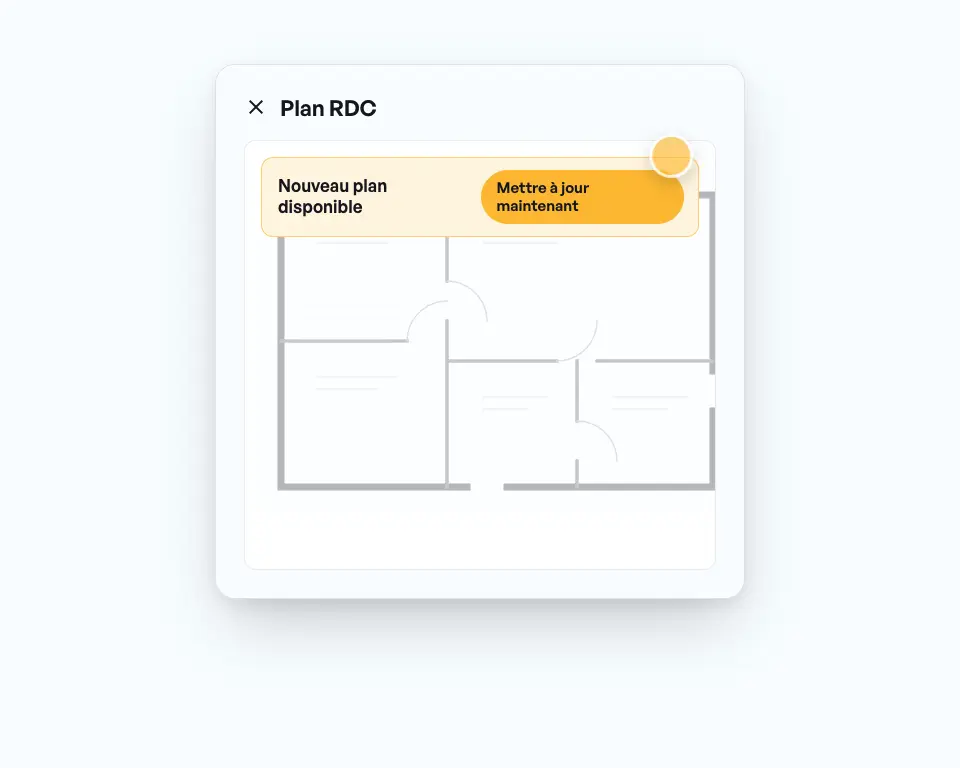Notification Nouveau plan disponible, un appui sur Mettre à jour maintenant, puis le nouveau plan s’agrandit et se réduit d’un seul doigt.