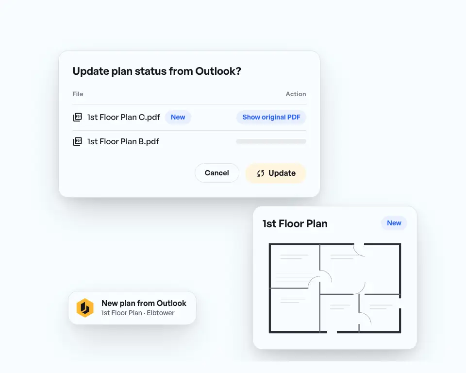 New 1st Floor Plan from Outlook: prompt to update the plan status, then the team sees the new plan.