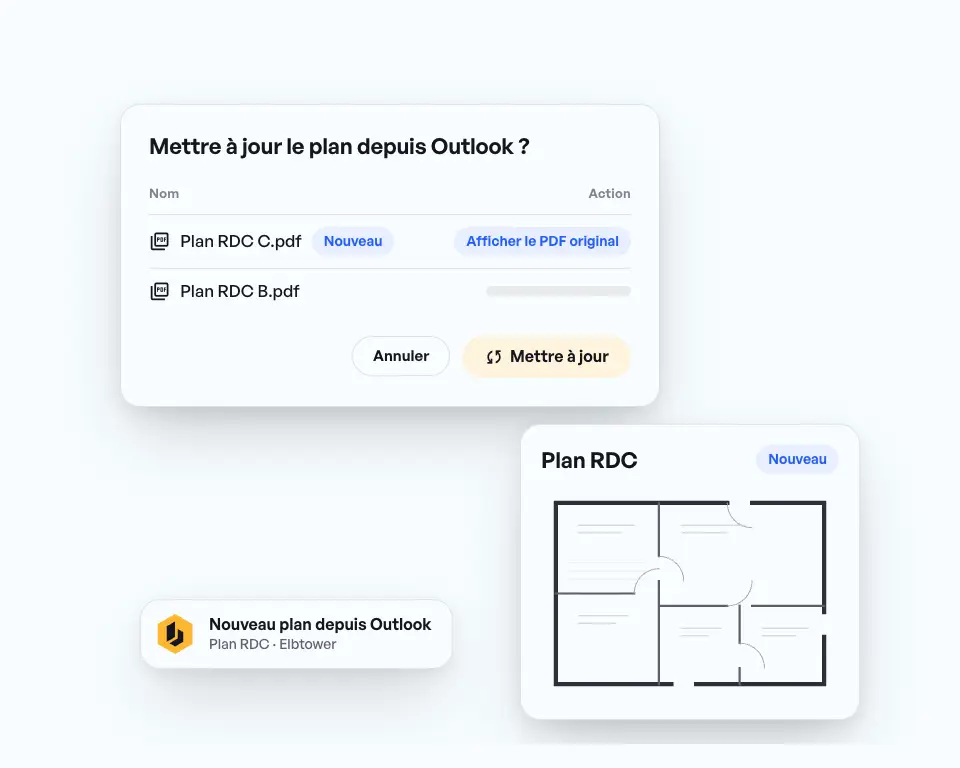 Nouveau plan RDC depuis Outlook : demande Mettre à jour le plan depuis Outlook, puis l’équipe voit le nouveau plan.